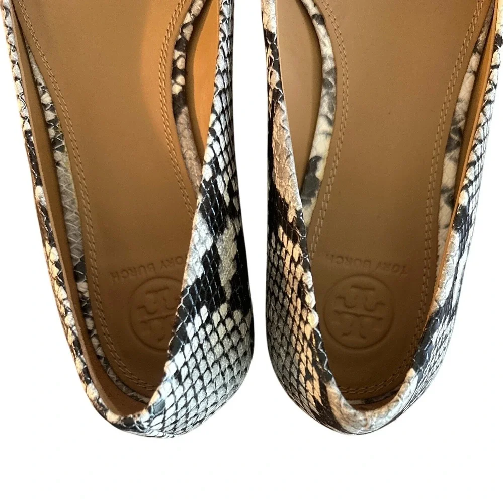 Tory Burch Chelsea Snake Embossed Ballet Flats Gold Logo Block Heel Size 7.5